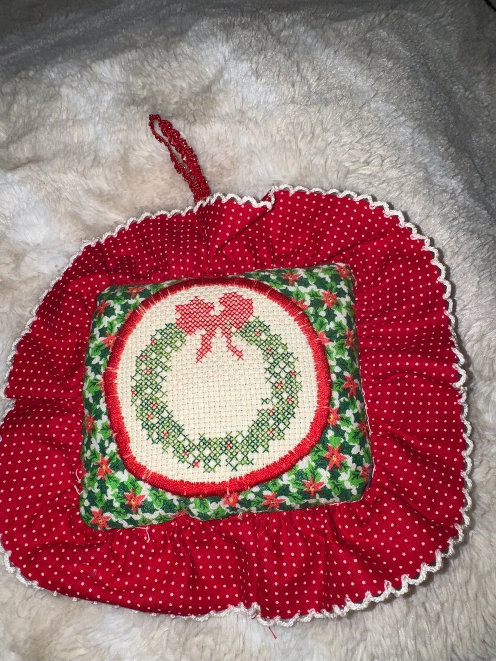 Vintage Hand-sewn Red Polka Dot Holiday Wreath Ornament Pillow